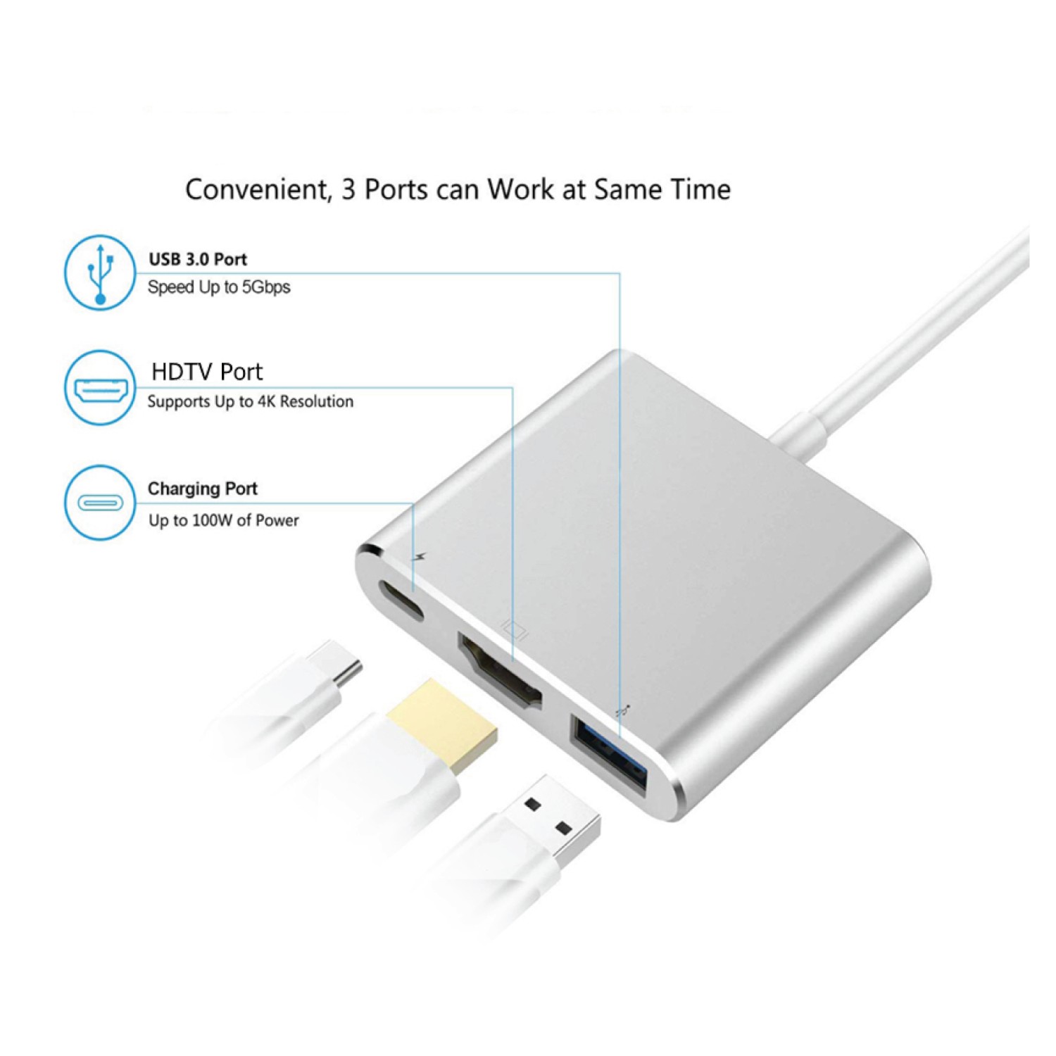 Adaptador Multipuerto 3 en 1, USB-C a HDMI 4K, USB 3.0 y PD 60W