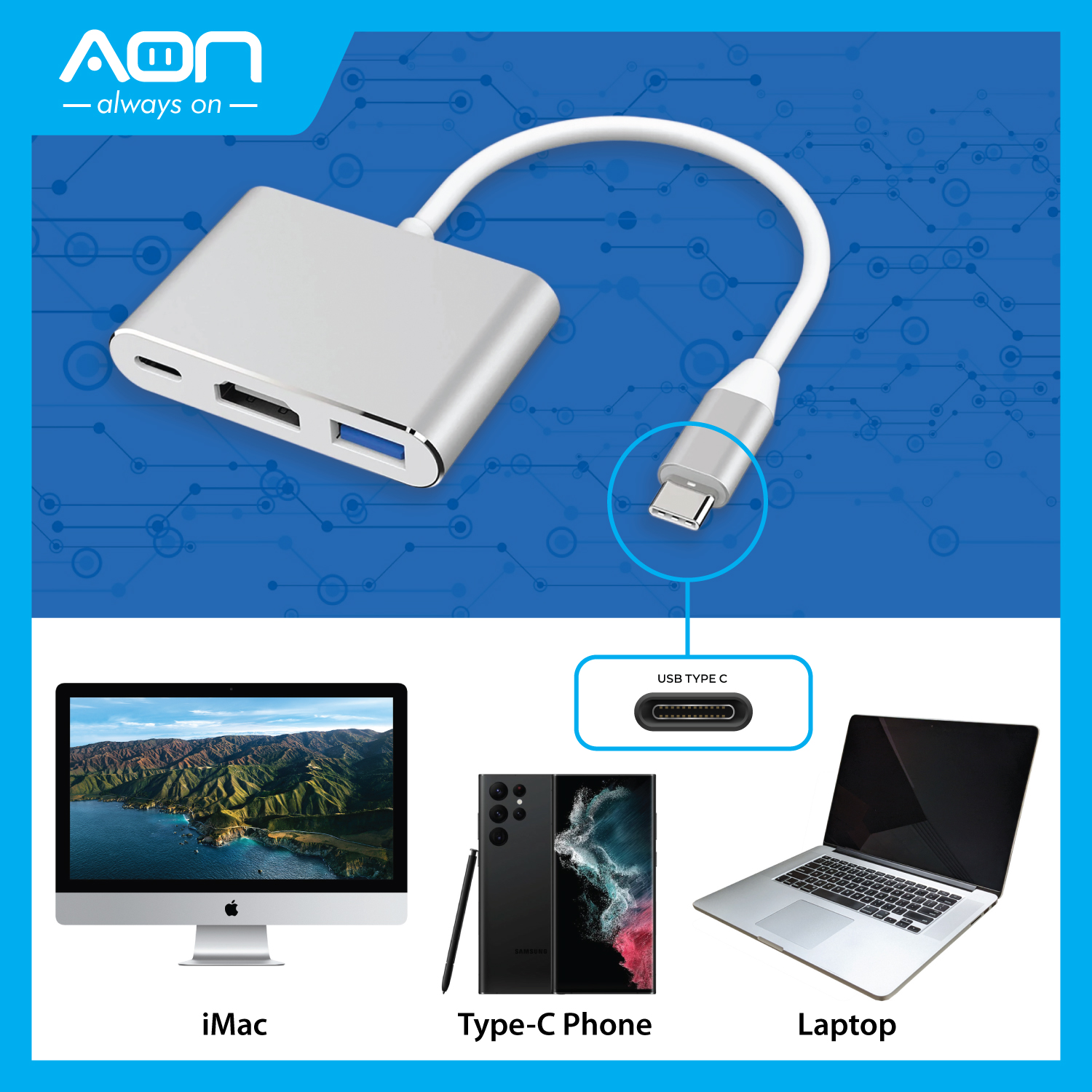 Adaptador Multipuerto 3 en 1, USB-C a HDMI 4K, USB 3.0 y PD 60W