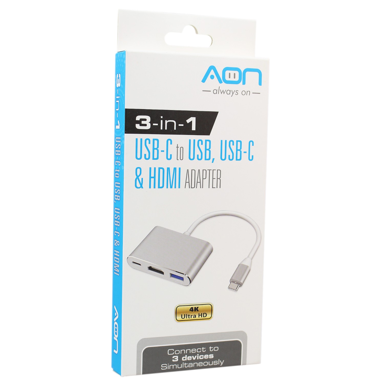 Adaptador Multipuerto 3 en 1, USB-C a HDMI 4K, USB 3.0 y PD 60W