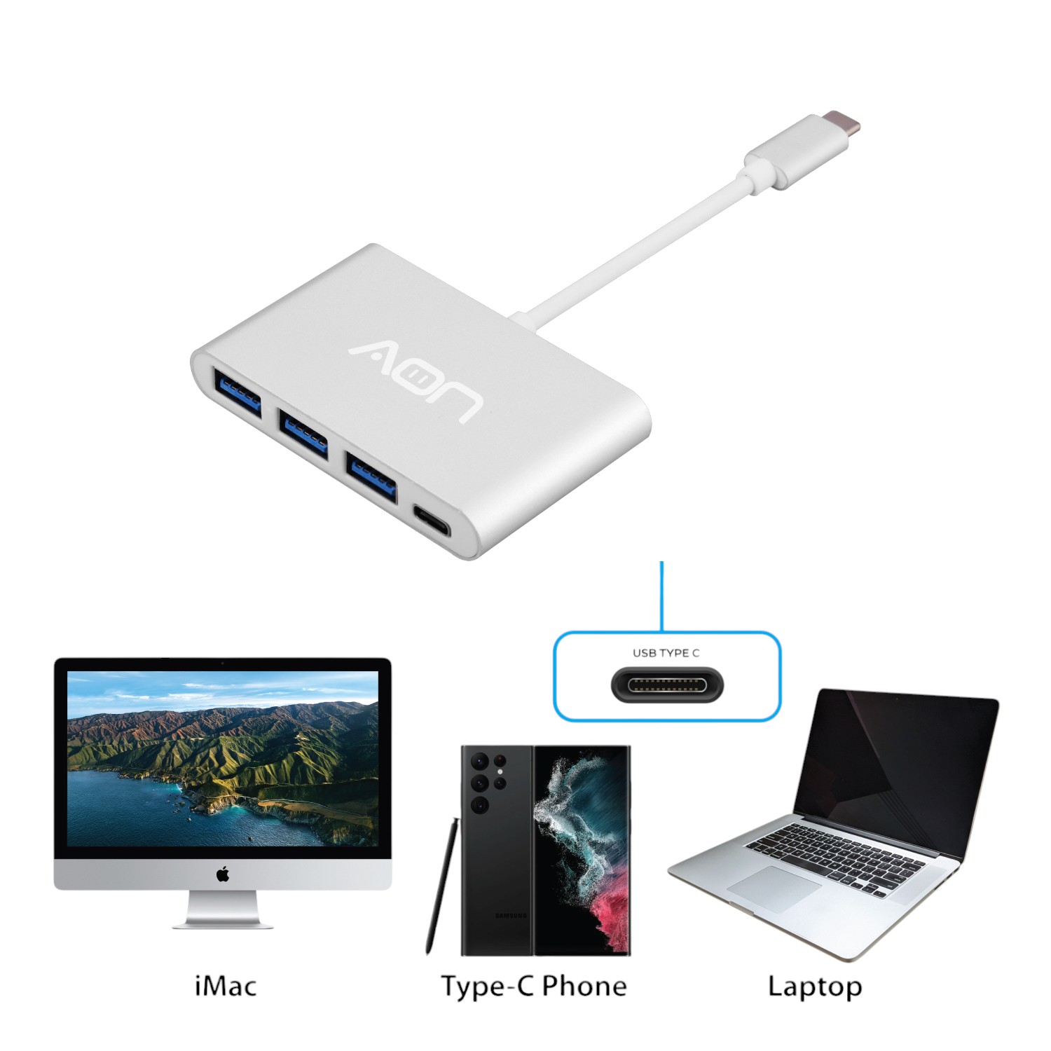 Adaptador USB-C Multipuerto 4 en 1, 3 Puertos USB + Carga Rápida USB-C
